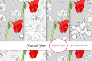 Digital Paper. Red and Grey Flowers